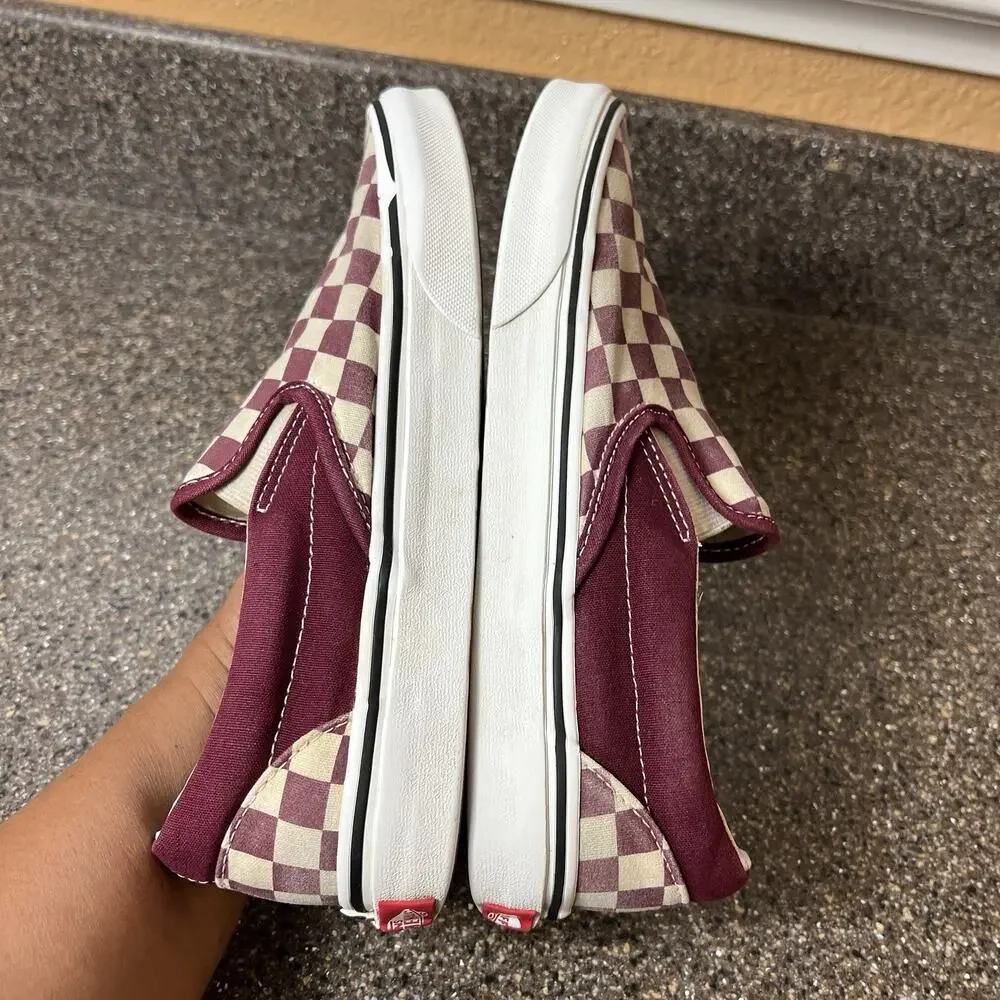 Vans Classic Slip On Skate Shoes Canvas Burgundy Check Print Womens 8.5 Sneakers